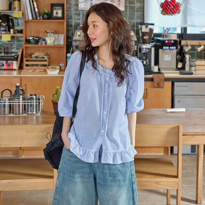 로로텐 스트라이프 7부 퍼프 블라우스 프릴 리본 라운드넥 여성 빅사이즈