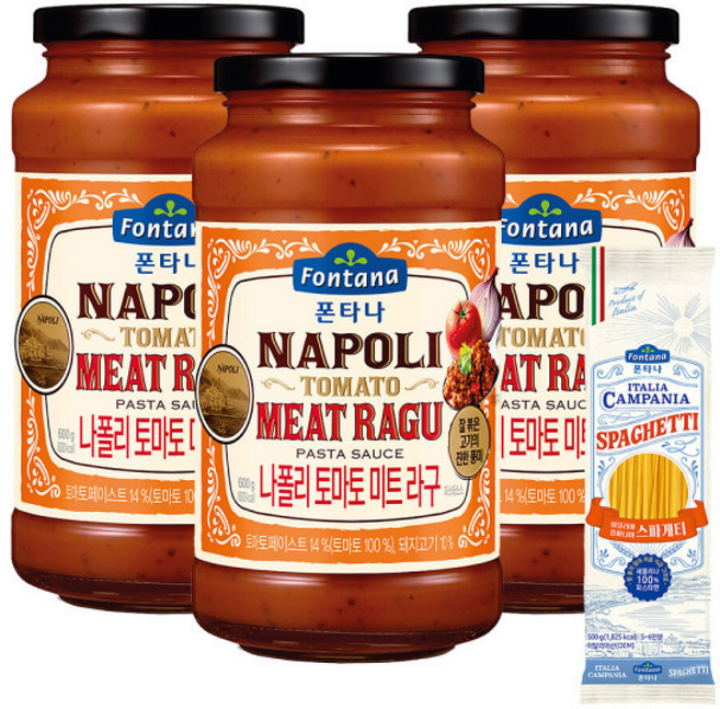 폰타나 나폴리 미트 라구 파스타소스 600g 3개+스파게티면 500g, 폰타나 아라비아따 파스타소스 600g 3개, 3개