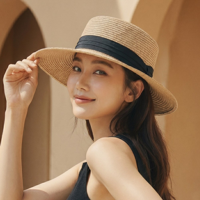 루타미 플랫 크라운 스트로 밀짚모자