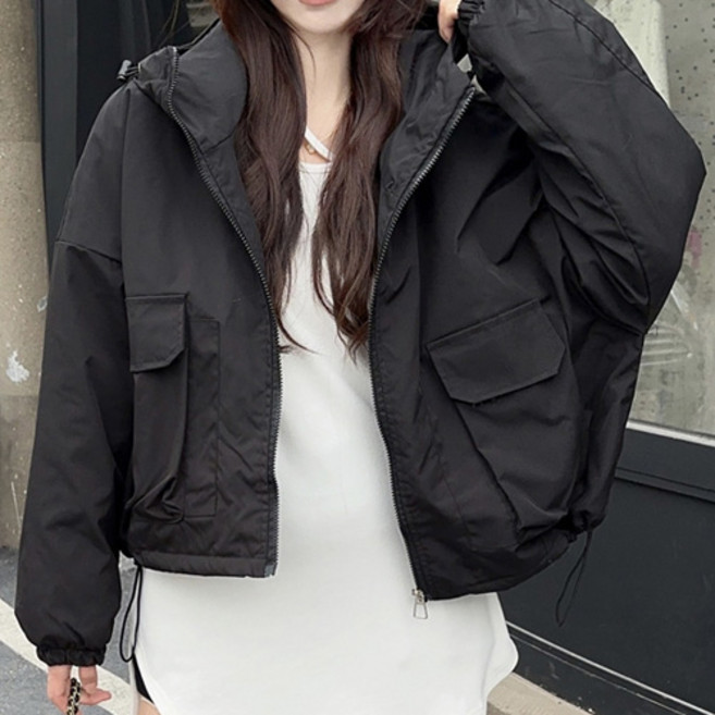 바이미니 오버핏 하이넥 후드 집업 크롭 점퍼 간절기 자켓 얇은 패딩