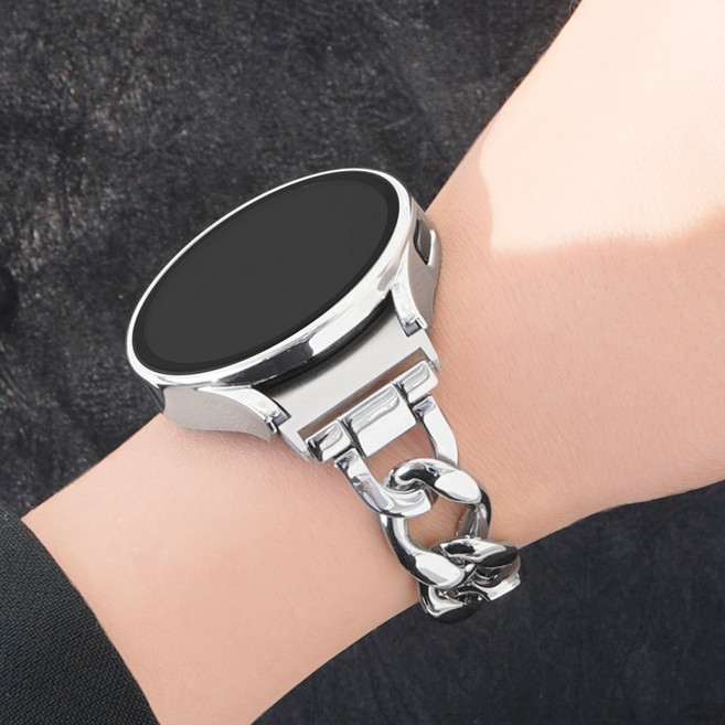 미소피아 갤럭시워치8 7 6 5 4 호환 글로시 메탈 스트랩 + 케이스 체인 슬림 여성 커브형 시계줄 밴드 날개형, Set A 체인메탈세트, 실버