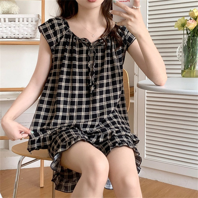 VEZRI 여성 봄 여름 반팔 잠옷 세트 수면 파자마 홈웨어 반바지 나시티 체크 NSY07