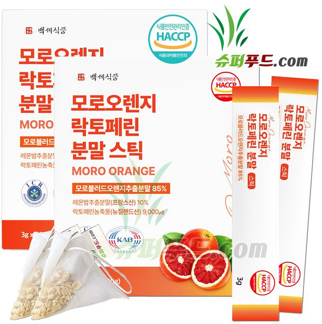 모로오렌지 락토페린 HACCP 식약처인증 레몬밤 안토시아닌 헤스페리딘 베타카로틴 비타민 로즈마린산 미네랄 스트로넬랄 유제놀 타닌 모로오렌지락토페린 분말스틱+슈퍼푸드.com연자육티백, 2세트, 91g