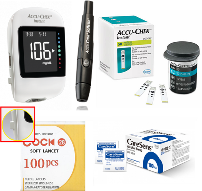 신형 아큐첵 인스턴트 혈당측정기 풀세트 (기계+채혈기+시험지60매+호환침110개+알콜솜100매+전용파우치) 검사지 제거 버튼 메모리 추가 SW, 1세트