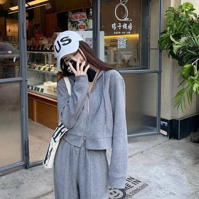 休閒運動套裝女 寬鬆韓版連帽拉鍊衛衣闊腿褲兩件套