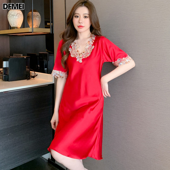 QRU 五彩花邊絲綢睡裙家居服女冰絲睡裙夏季網紅連衣裙高貴家居服