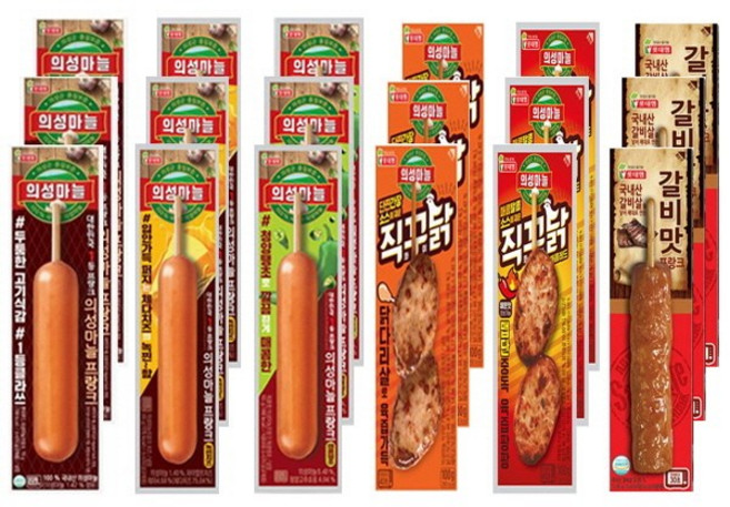 의성마늘프랑크3+의성마늘 치즈3+의성마늘 땡초3+직꾸닭 간장(100g)3+직꾸닭 레드(100g)3+갈비맛프랑크3 18개 / 핫바, 1개