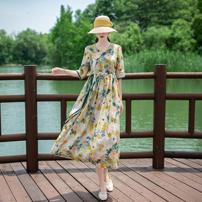 POMTOR 여름 꽃과 같이 여성 빅 사이즈 반팔 면마 롱 원피스