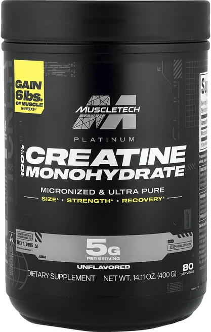 MuscleTech 에센셜 시리즈 플래티넘 100% 크레아틴 무맛 400g(14.11oz), 4개, 400g - 쿠팡