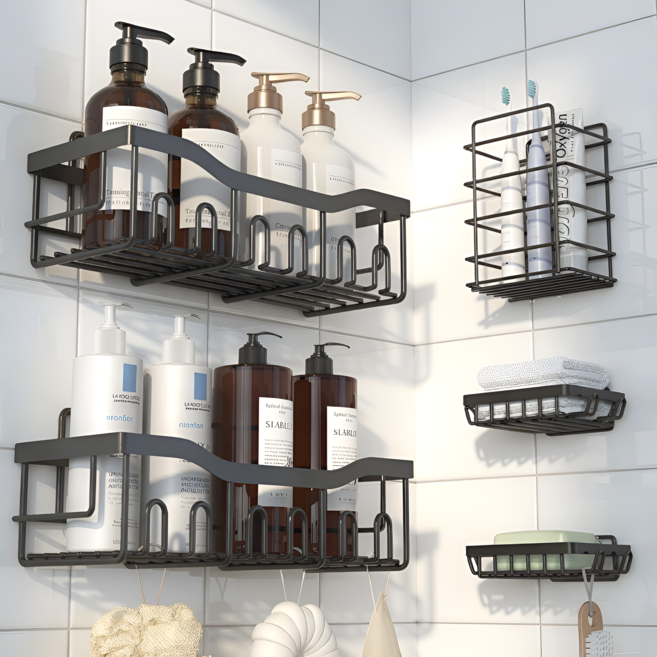 유앤아이 무타공 욕실선반 일자형 대형, 블랙