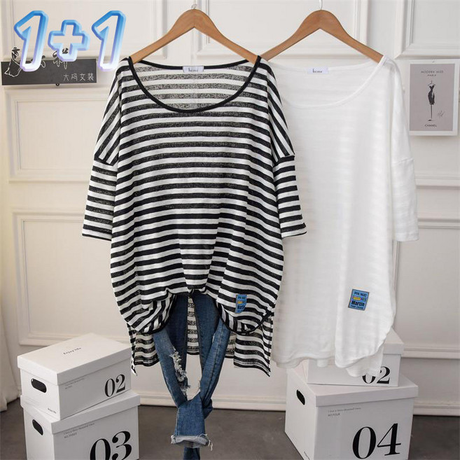 JUSTFEELING 빅사이즈 150KG까지 루즈핏 아이스 쇄골티셔츠 오버핏 트임 롱티 시스루 반팔티셔츠