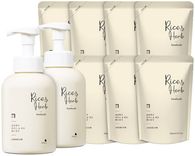 살림백서 라이스 허브 대용량 핸드워시 손세정제 본품 500ml 2개 + 리필 8개 그린포레스트, 1개, 2.6L