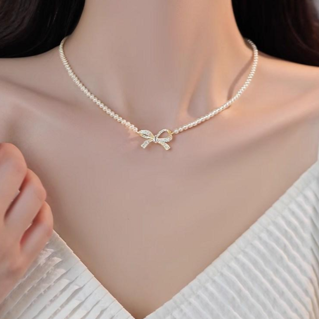 비비드칙 14KGF 천연 진주 지르콘 리본 S925 목걸이