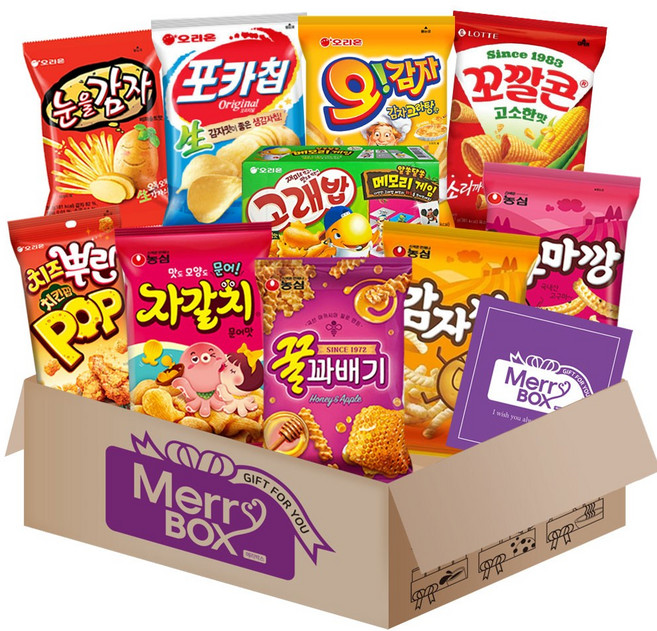 봉지스낵 과자세트 8호{포카칩+스윙칩+신짱+카라멜땅콩+고래밥+눈을감자+자갈치+꿀꽈배기+감자깡+고구마깡}+메세지카드, 1박스