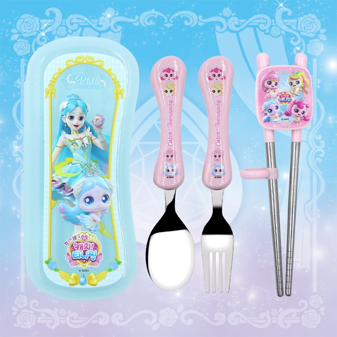 유유 프린세스 캐치티니핑 풀커버 교정 수저 케이스 세트, 사뿐핑, 교정젓가락 + 숟가락 + 포크 + 케이스, 1개