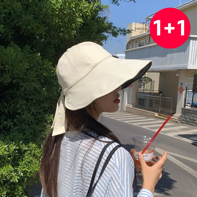 [1+1] 여성용 여름모자 버킷 햇 리본 포인트 썬캡 암막 자외선차단