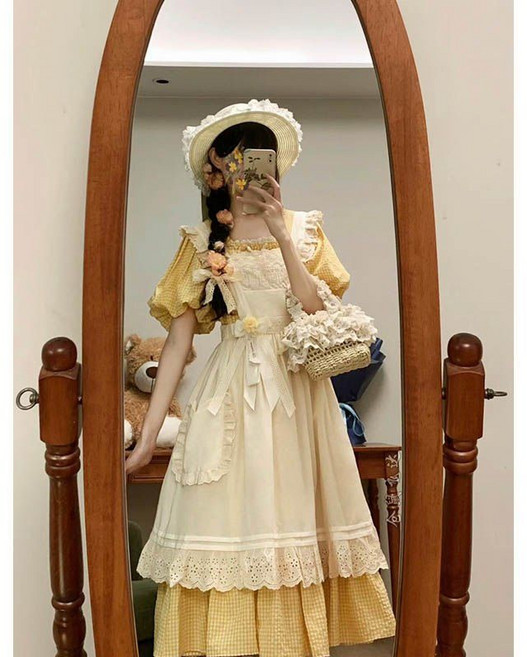 티류으스 여성 로리타 스타일 옐로우 롱원피스 빈티지 중세 공주풍 드레스 졸업사진 의상 컨셉촬영 원피스 ZH