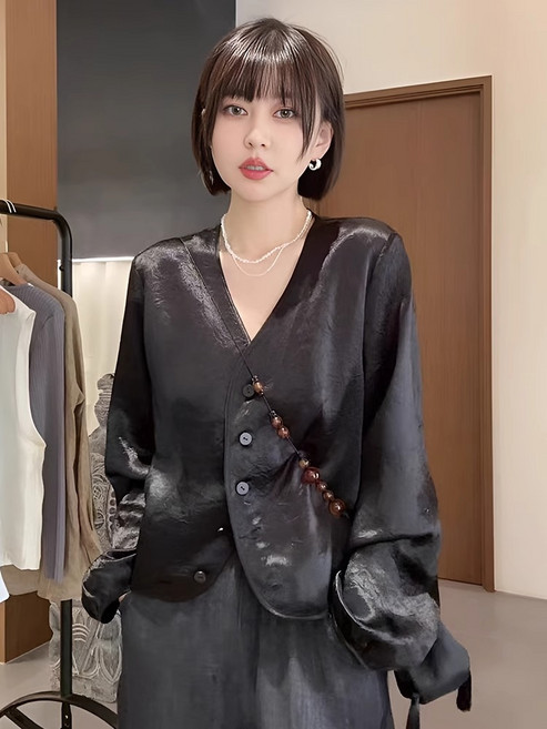 여성 블랙 새틴 자켓 가디건 자외선 차단 긴팔 드레이프 실크 루즈 탑 봄 여름 가을