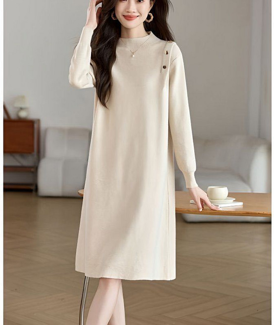 메인워크 중년여성 반폴라 니트 원피스 긴팔 가을 겨울 코트 스웨터 미디 이너웨어 캐주얼 데일리 심플 스판 캐주얼 루즈핏 스커트