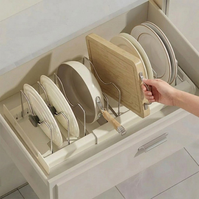 길이조절 후라이팬 정리대 싱크대 하부장 수납, 1개, 화이트, 7단