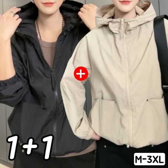 YLEMI 1+1 봄가을 후드 얇은 경량자켓 여성 빅사이즈 루즈핏 포켓 자외선차단 바람막이 잠바 2장 세트