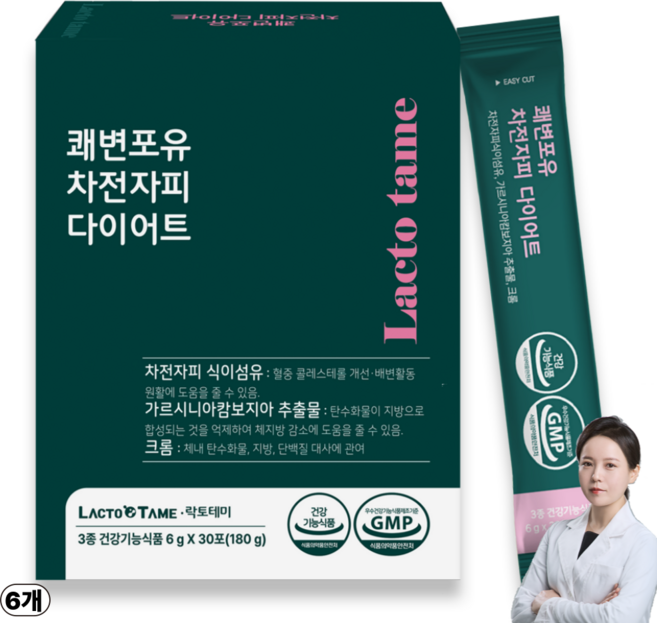 쾌변 차전자피 다이어트 식이섬유 프리바이오틱스 유산균 배변활동 체지방감소 식약처인정 기능성원료, 6개, 30회분