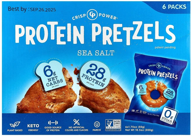 Crisp Power 단백질 프레즐 바다 소금 6팩 개당 50g(1.75온스), Crisp Power 단백질 프레즐 바다 소금 6팩 개 - 쿠팡