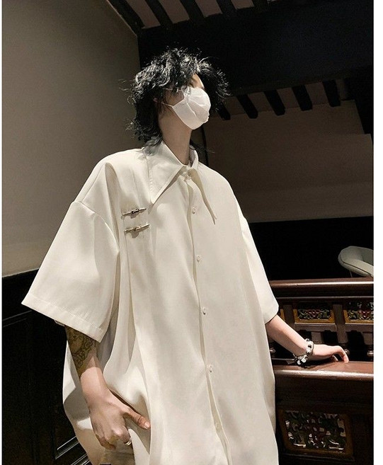 新中式短袖襯衫 男生夏季潮流帥氣工裝襯衣 痞帥休閒五分袖上衣