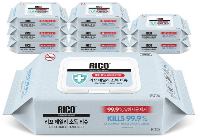 리꼬 데일리 소독 티슈 캡형 60매, 9개, 60매입