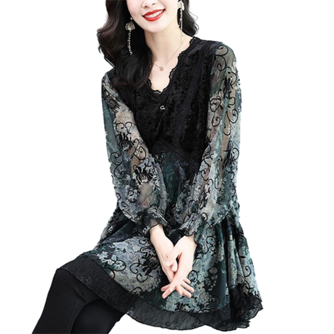 UNBAISER 여성 텐셀 꽃 블라우스 상의 꽃무늬 간절기 블라우스 시스루 롱 플라워 블라우스 이월 이월상품