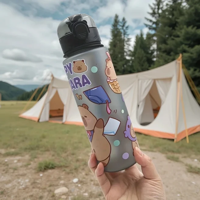 쿠쿠스토어 750ml 귀여운 만화 카피바라 물병 누출 방지 플라스틱 밀짚 컵 휴대 야외 여행 스포츠, 01 Black