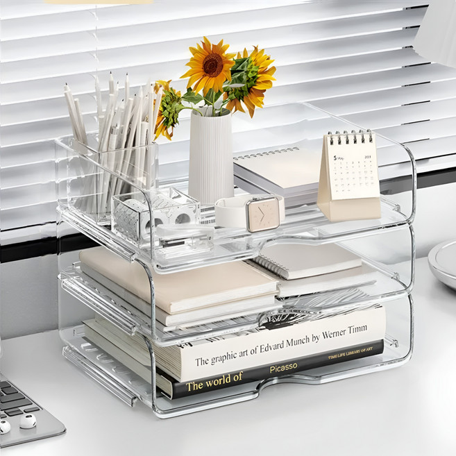 리브썸 투명 아크릴 서류 정리함, 3단, 투명 가로