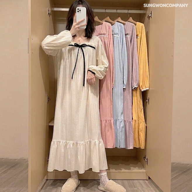 이너퀸 프리수 여성용 리본 스퀘어넥 프릴 러플 골지 공주 긴팔 롱 원피스 잠옷 파자마 홈웨어 이지웨어 에스텔원피스