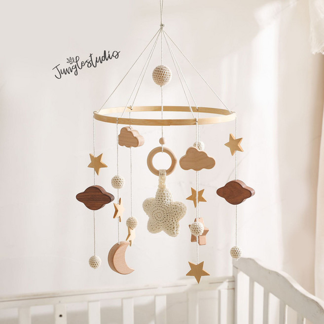[정글스튜디오] 뜨개 별 모빌 신생아 아기 침대 감성모빌 아기방 꾸미기, 크림, 1개