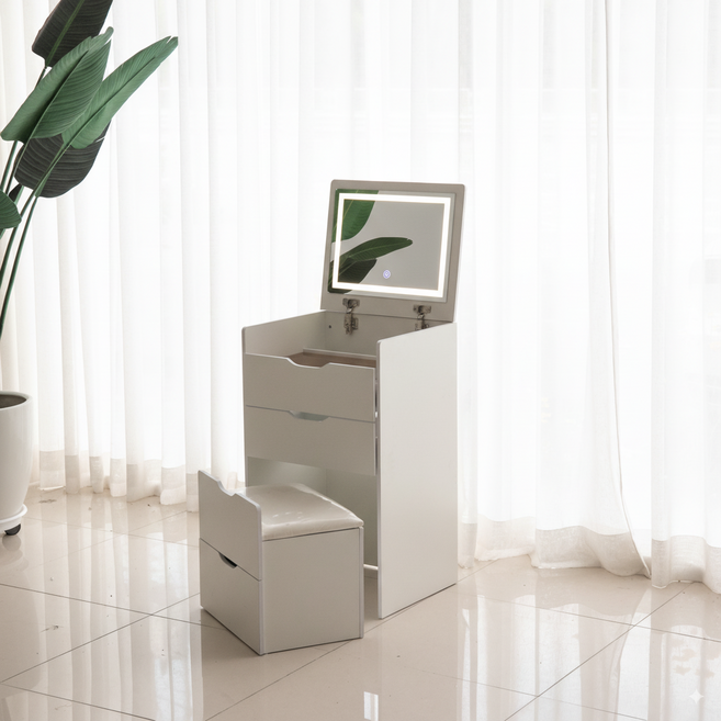 에스엘가구 화장대세트의자포함 미니 화장대 수납장, 화이트 48+LED