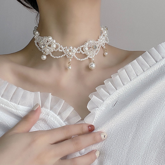 일호장신구 글로스 화사한 진주 꽃 초커 유니크 우아한 여성 파티 포인트 목걸이