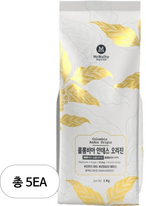 맥널티 홀빈 커피원두 콜롬비아 안데스 오리진, 홀빈(분쇄안함), 1kg, 5개