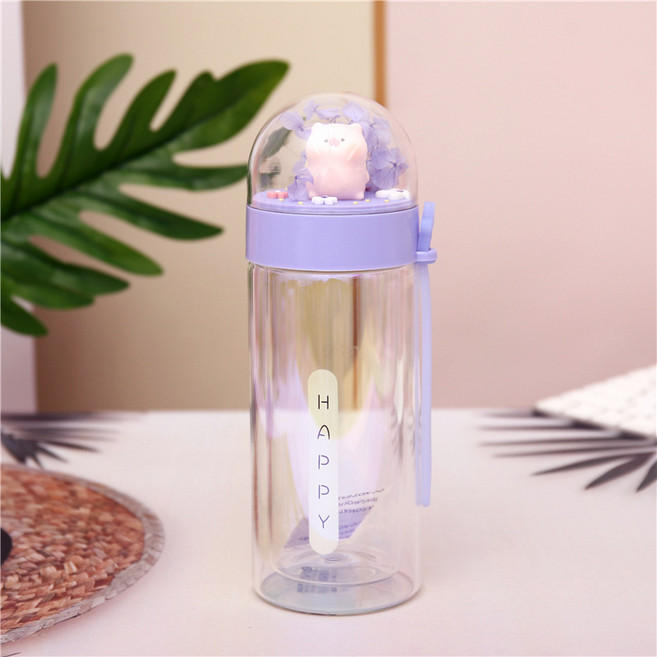 풍 만화 핑크 돼지 더블 유리컵 창의 투명 파우더 물컵 실리콘 핸드컵, G062-3B 보라돼지