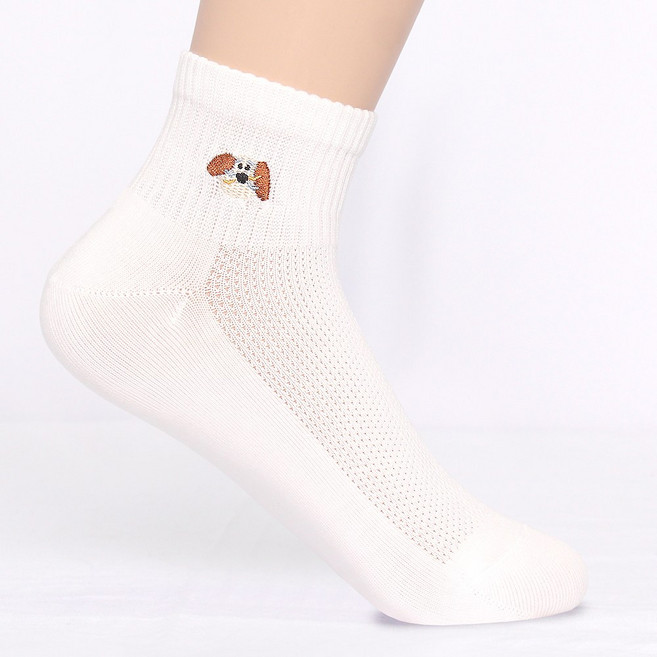 이너피아 강아지 자수 여름 메쉬 단목 양말 귀여운 검정 흰 면 발목 양말 5켤레