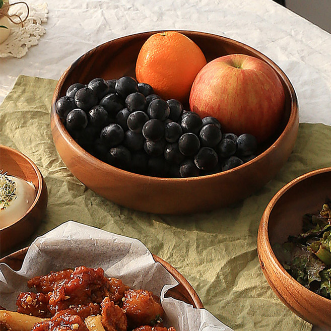 디온 우드 낮은볼 샐러드 보울 디저트 파스타 간식 캠핑 통원목 그릇, 1개, XXL