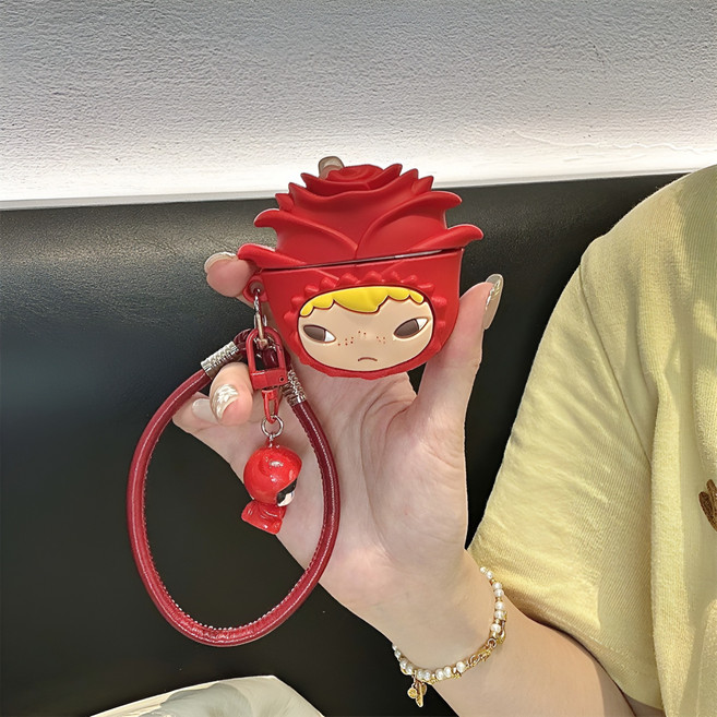 에어팟 케이스 애니메이션 장미꽃 변색방지 실리콘+ 카라비너 에어팟 케이스 세트, 레드 로즈 팔찌, Airpods3