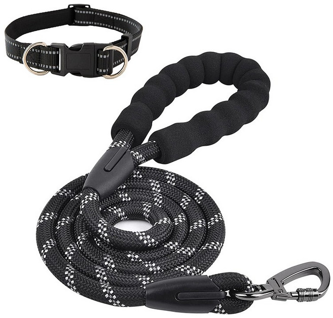 [애견 목줄 + 리드줄 세트] 고급 잠금 후크 고리 반려동물 애견 반려견 리드줄 목줄 세트 강아지 산책줄 중형견 대형견, 1세트, 블랙(1.5m)