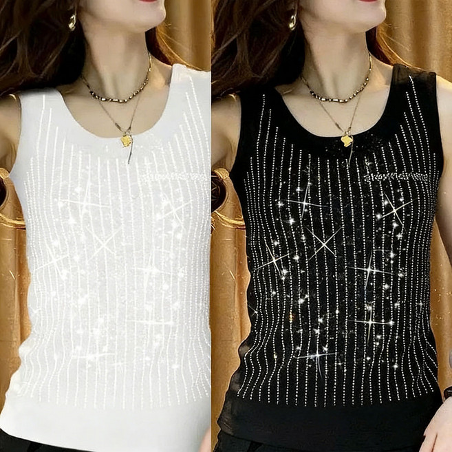 ROYALBELLE 1+1 (2종세트) 여성 라운드넥 핫픽스 스톤 장식 캐주얼 패션 민소매 나시 U02030624