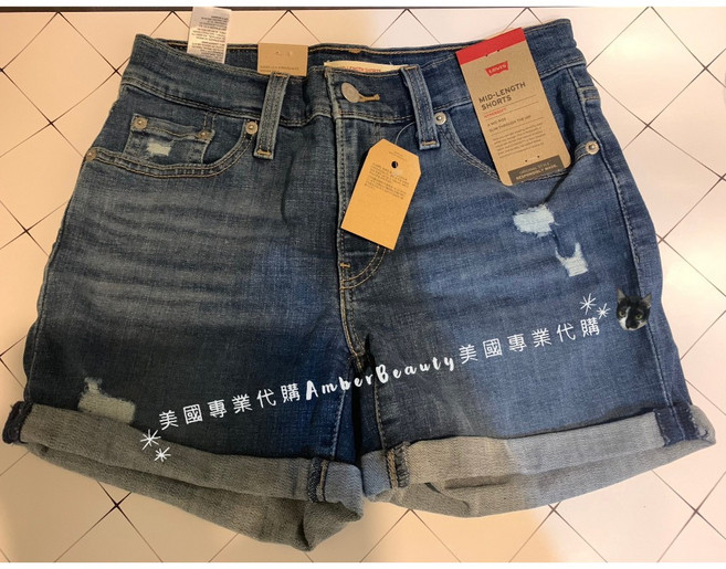 LEVI'S 中長版彈性牛仔短褲 深藍刷色破褲款 白色反摺設計