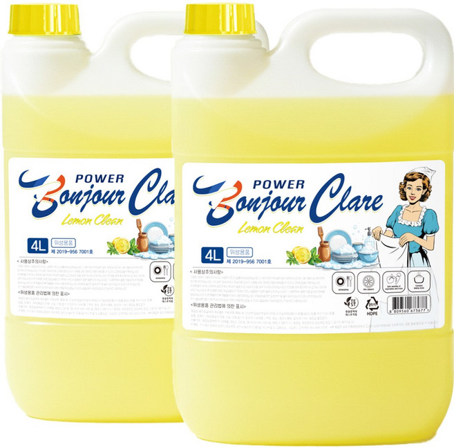 봉쥬르끌레어 레몬크린 주방세제 4L x 2ea 베이킹소다 고농축 프리미엄 주방세제 기름때제거, 2개