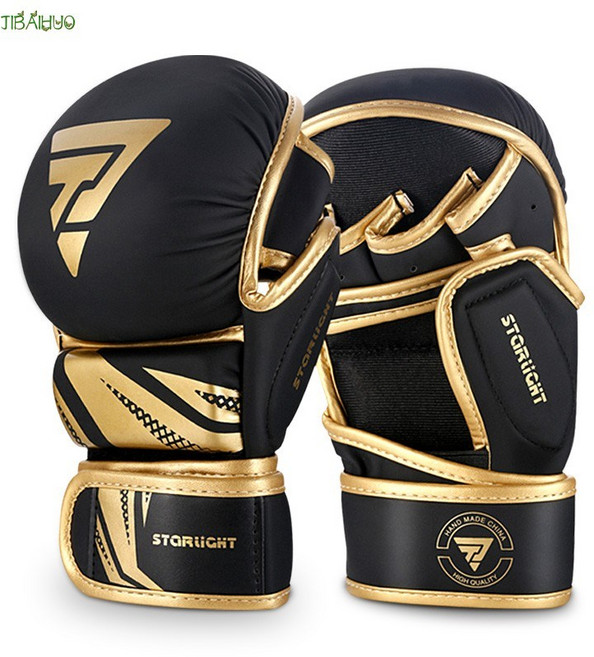 JIBAIHUO 트레이닝 MMA 빵글러브 오픈핑거 글러브 격투기 무에타이 종합격투기 훈련 글러브, 블랙 골드 _L 손둘레 20cm 이상 * 단일사이즈 *, 1개