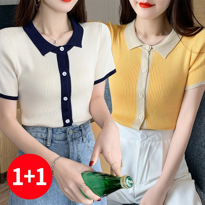 주디앤 여성 스위트 봄 여름 카라 버튼 크롭 반팔 니트 리빙공감