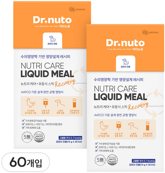 닥터뉴토 강아지 습식 주식 대용 뉴트리케어 리커버리 (식욕부진 노견 회복기 고열량 유동식 영양식), 15g, 60개, 가수분해닭