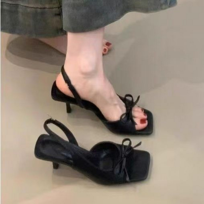 蝴蝶結細跟露趾高跟涼鞋 夏季新款設計感方頭綁帶僊女風