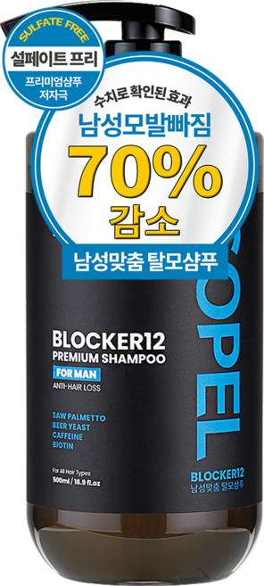남자 탈모 샴푸 1위 쏘펠 블로커12 남성 탈모샴푸 맥주효모 비오틴 바이오틴 카페인볼륨샴푸, 1개, 500ml
